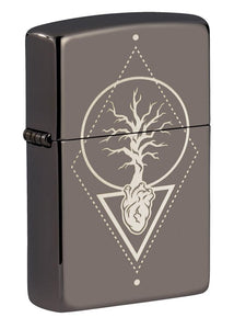 Front view of Heart Of Tree Design Black Ice® Windproof Lighter standing at a 3/4 angle.