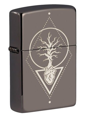 Front view of Heart Of Tree Design Black Ice?« Windproof Lighter standing at a 3/4 angle.