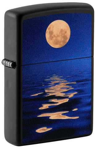 Front shot of Full Moon?áDesign Black Light Black Matte Windproof Lighter standing at a 3/4 angle.