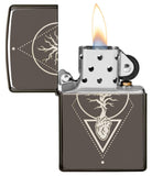 Heart Of Tree Design Black Ice® Windproof Lighter with its lid open and lit.