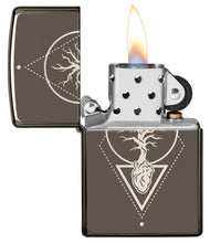 Heart Of Tree Design Black Ice?« Windproof Lighter with its lid open and lit.