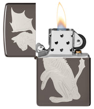 Dragon Cat Design Black Ice?« Windproof Lighter with its lid open and lit.