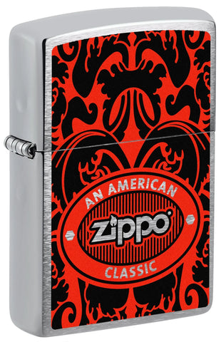 Front shot of Zippo American Classic Windproof Lighter standing at a 3/4 angle.