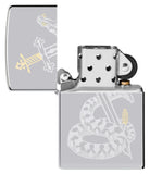 Zippo Snake Sword Tattoo Design Windproof Lighter with its lid open and unlit.
