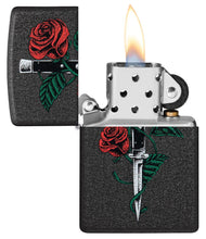 Rose Dagger Tattoo Design Black Crackle?« Windproof Lighter with its lid open and lit.