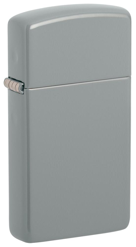 Front shot of Slim® Flat Grey Windproof Lighter standing at a 3/4 angle