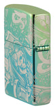 Laser 360° Tattoo Theme Design High Polish Teal Windproof Lighter standing at an angle, showing the back and hinge side of the lighter.