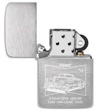 Zippo 50s Car 1941 Replica Brushed Chrome Design with it's lid open and unlit.