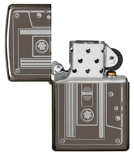 Cassette Tape Black Ice® Windproof Lighter with its lid open and unlit