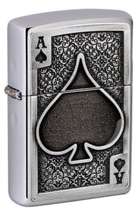 Front view of Ace Of Spades Emblem Brushed Chrome Windproof Lighter standing at a 3/4 angle.