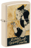 Front shot of Zippo Windy Design Flat Sand Windproof Lighter standing at a 3/4 angle