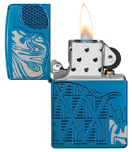 Skull Design Armor?« High Polish Blue Windproof Lighter with its lid open and lit.