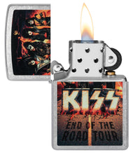 KISS Design End of the Road Tour Street Chrome?äó Windproof Lighter with its lid open and lit.