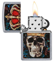 Skull King Design Street Chrome?äó Windproof Lighter with its lid open and lit.