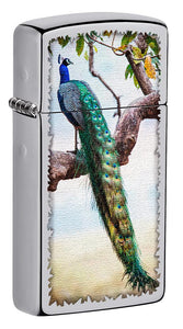 Front shot of Slim Peacock Design Windproof Pocket Lighter standing at a 3/4 angle.