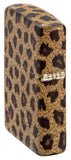 Leopard Print 540 Color Windproof Lighter standing at an angle, showing the back and hinge side of the lighter