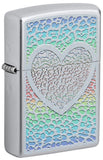 Front shot of Heart Design Satin Chrome Windproof Lighter standing at a 3/4 angle.