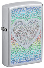 Front shot of Heart Design Satin Chrome Windproof Lighter standing at a 3/4 angle.