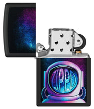 Zippo Astronaut Design Black Matte Windproof Lighter with its lid open and unlit.