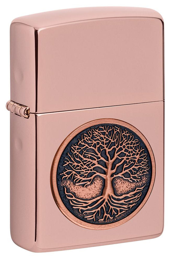 Front view of Tree of Life Emblem High Polish Rose Gold Windproof Lighter standing at a 3/4 angle.