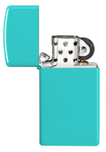 Slim?« Flat Turquoise Windproof Lighter with its lid open and unlit.