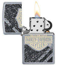 Harley-Davidson?« Bar & Shield Asphalt Street Chrome?äó Windproof Lighter with its lid open and lit.