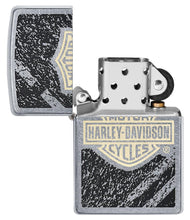 Harley-Davidson?« Bar & Shield Asphalt Street Chrome?äó Windproof Lighter with its lid open and unlit.