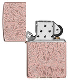 Zippo Carved Armor® Rose Gold Design Windproof Lighter with its lid open and unlit.