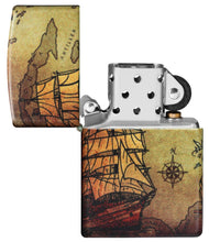 Pirate Ship Design 540 Color Windproof Lighter with its lid open and unlit