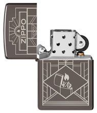 Zippo Art Deco Design Black Ice?« Windproof Lighter with its lid open and unlit.