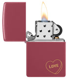 Zippo Love Design Windproof Lighter with its lid open and lit.