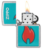Zippo Flame Design Windproof Lighter with its lid open and lit.